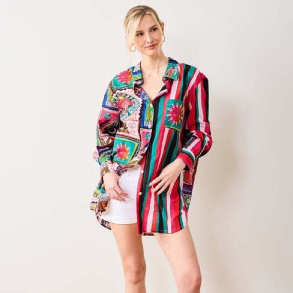 PRINTFRESH Colorful Coast Classic Button Down With Pocket Vibrant Ink Size S/M - Picture 2 of 10